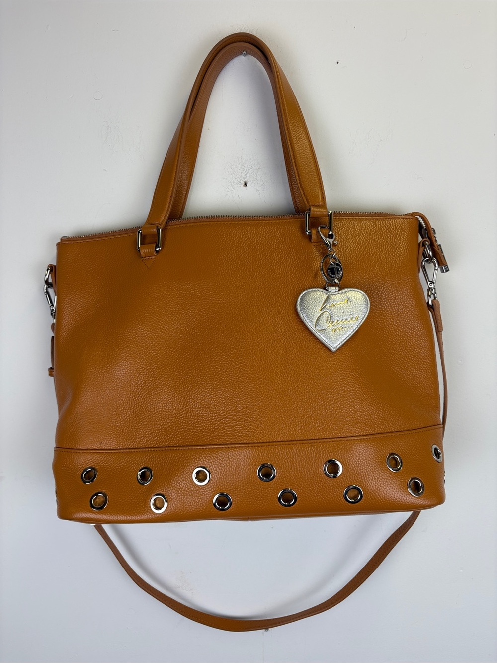 Celine Dion Collection Cognac Leather Grommet Tote Shoulder Bag Heart Charm